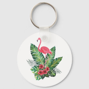Flamingo tropical leaves key ring