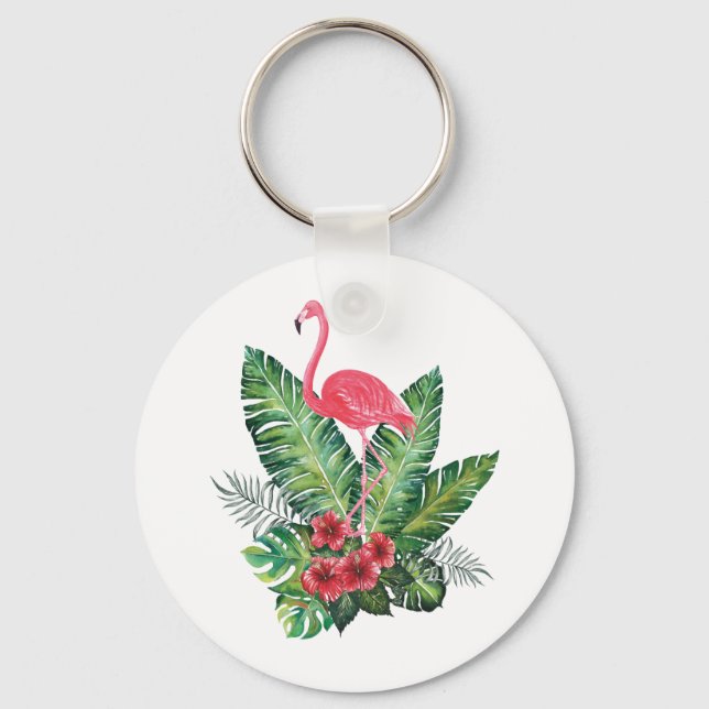 Flamingo tropical leaves key ring (Front)