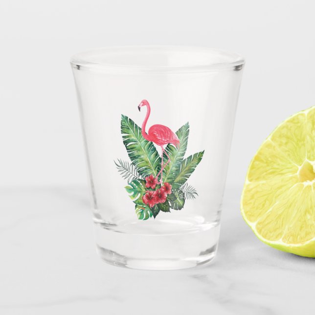 Flamingo tropical leaves shot glass (Front)