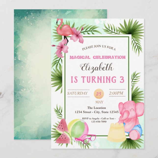 Flamingo,Tropical Leaves, Summer Birthday Invitation (Front/Back)