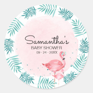 Flamingo & Tropical Leaves Watercolor Baby Shower Classic Round Sticker
