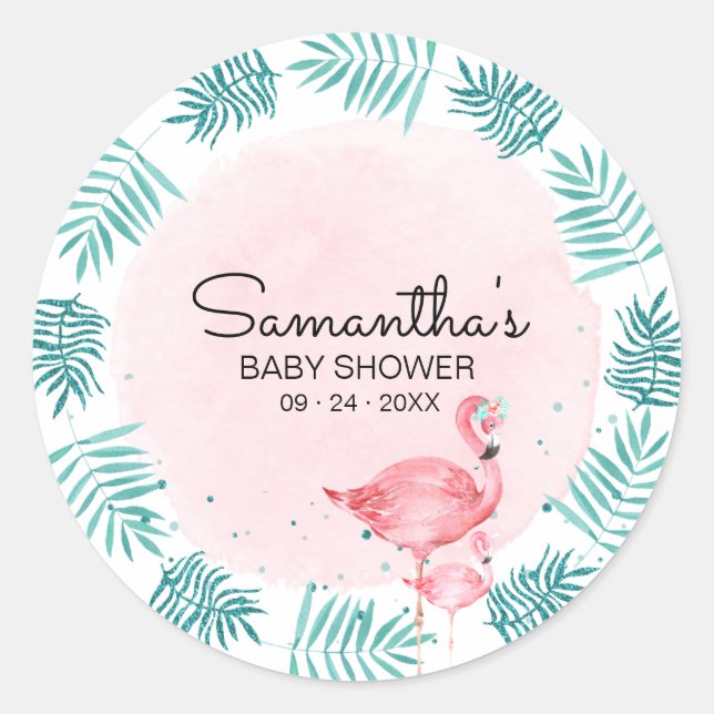 Flamingo & Tropical Leaves Watercolor Baby Shower Classic Round Sticker (Front)