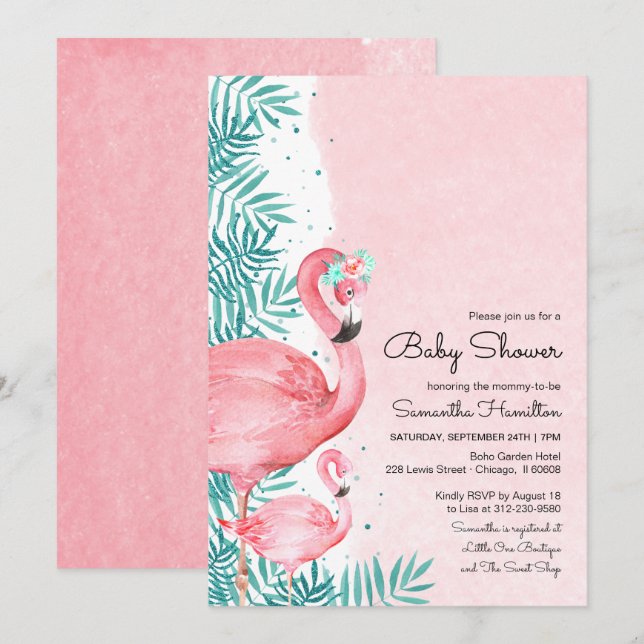 Flamingo & Tropical Leaves Watercolor Baby Shower Invitation (Front/Back)