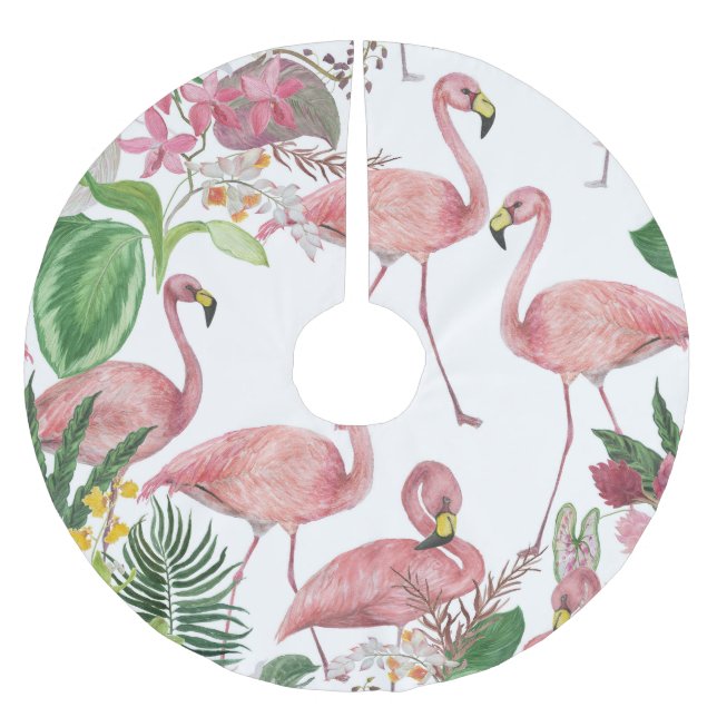 Flamingo Tropical Leaves Watercolor Pattern Brushed Polyester Tree Skirt (Front)