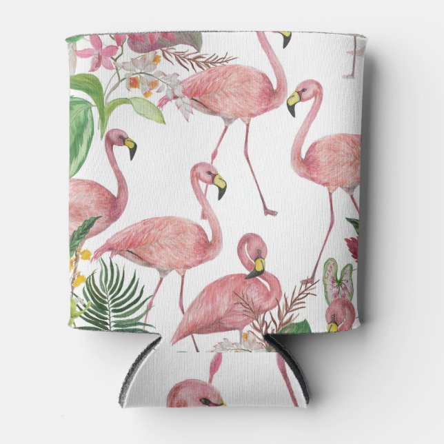 Flamingo Tropical Leaves Watercolor Pattern Can Cooler (Front)