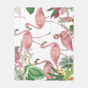 Flamingo Tropical Leaves Watercolor Pattern Fleece Blanket