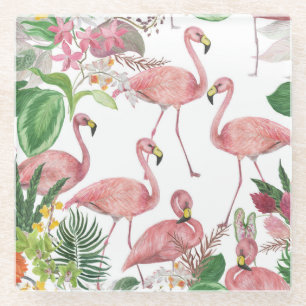 Flamingo Tropical Leaves Watercolor Pattern Glass Coaster