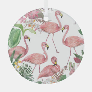 Flamingo Tropical Leaves Watercolor Pattern Glass Tree Decoration