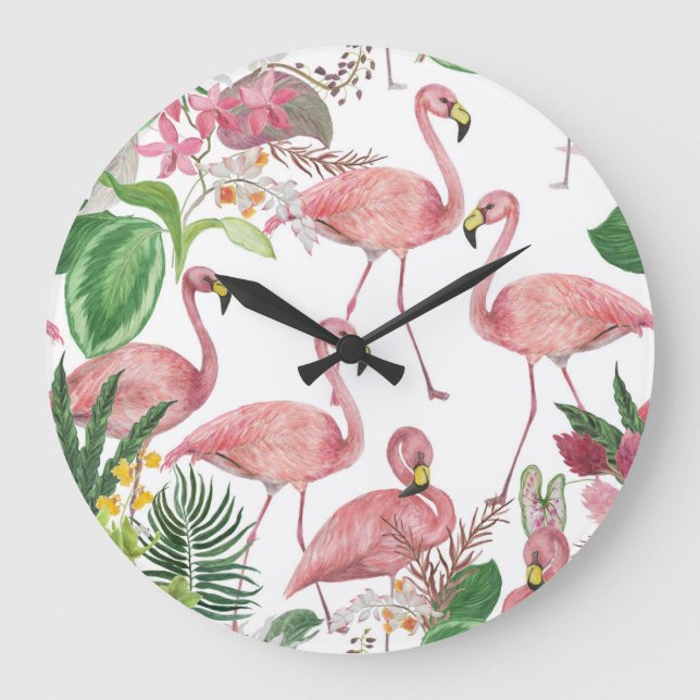 Flamingo Tropical Leaves Watercolor Pattern Large Clock (Front)