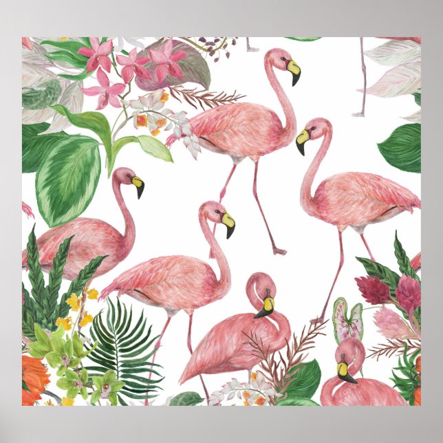 Flamingo Tropical Leaves Watercolor Pattern Poster (Front)