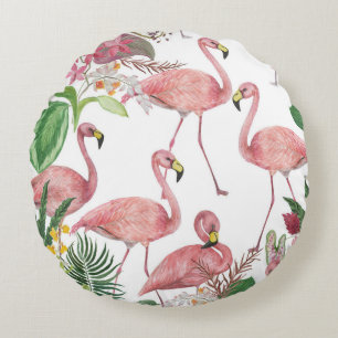 Flamingo Tropical Leaves Watercolor Pattern Round Cushion