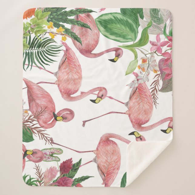 Flamingo Tropical Leaves Watercolor Pattern Sherpa Blanket (Front)