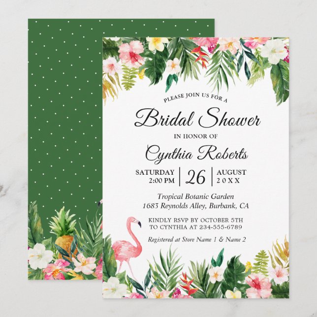 Flamingo Tropical Palm Leaves Floral Bridal Shower Invitation (Front/Back)