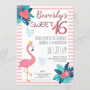 Flamingo tropical pink and blue floral 16th invitation