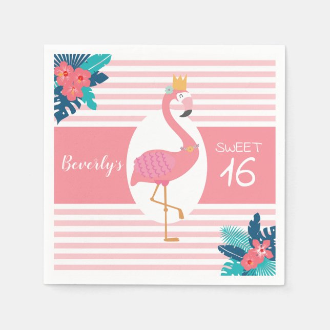 Flamingo tropical pink and blue floral 16th napkin (Front)
