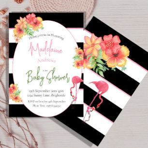 Flamingo Tropical Pink Black Stripe Baby Shower Invitation