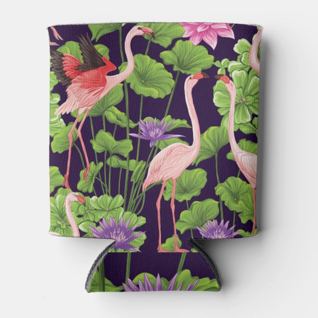 Flamingo, tropical plants, black background. can cooler (Front)