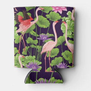 Flamingo, tropical plants, black background. can cooler