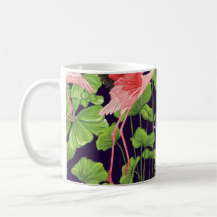 Flamingo, tropical plants, black background. coffee mug