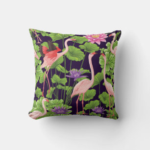 Flamingo, tropical plants, black background. cushion