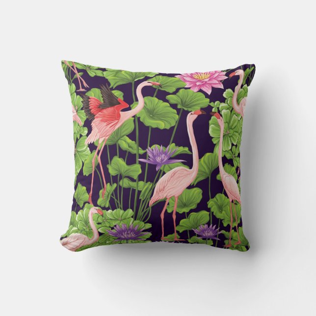 Flamingo, tropical plants, black background. cushion (Front)