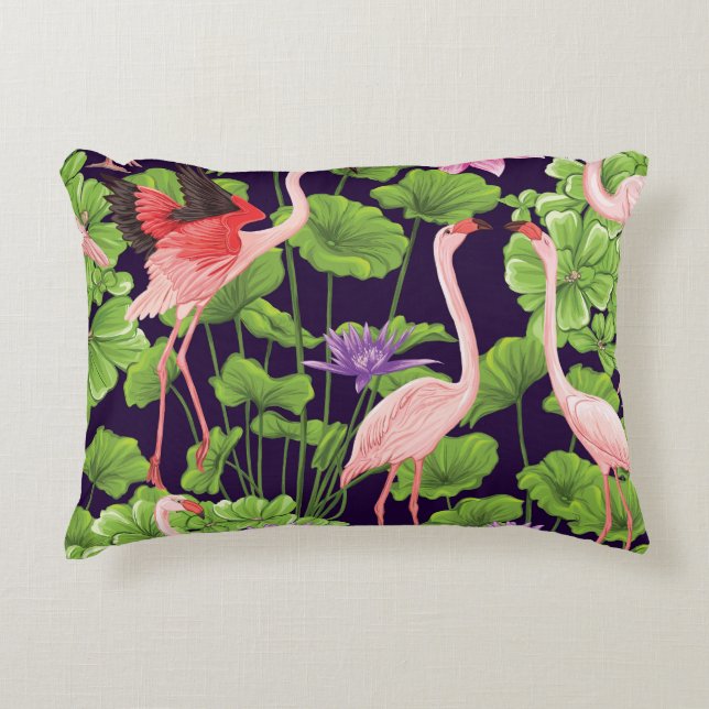 Flamingo, tropical plants, black background. decorative cushion (Front)