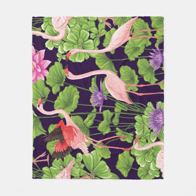 Flamingo, tropical plants, black background. fleece blanket (Front)
