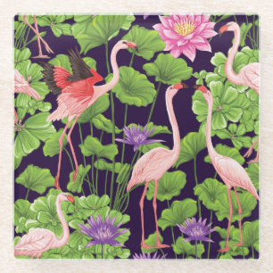 Flamingo, tropical plants, black background. glass coaster
