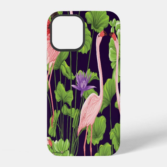 Flamingo, tropical plants, black background. iPhone case (Back)