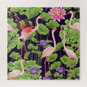 Flamingo, tropical plants, black background. jigsaw puzzle
