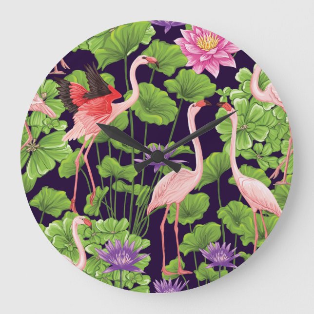 Flamingo, tropical plants, black background. large clock (Front)