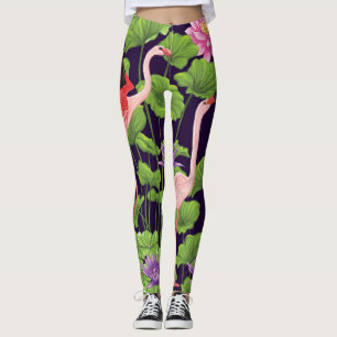 Flamingo, tropical plants, black background. leggings