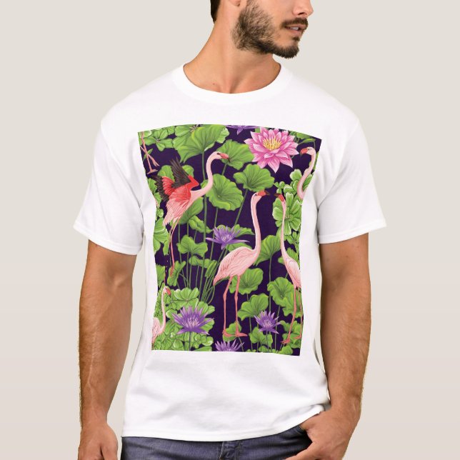 Flamingo, tropical plants, black background. T-Shirt (Front)