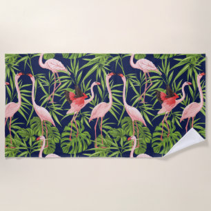 Flamingo Tropical Plants on Deep Blue Background Beach Towel