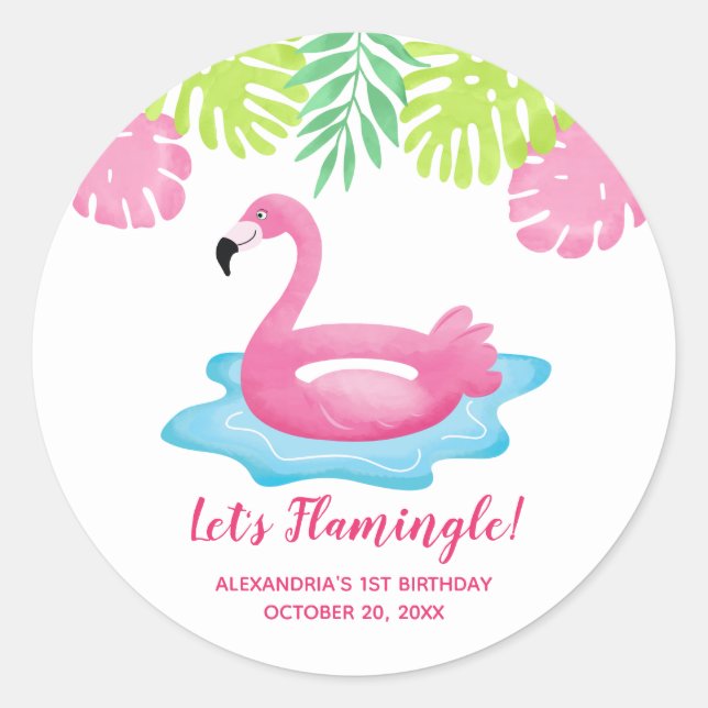 Flamingo Tropical Pool Party Favour Sticker (Front)