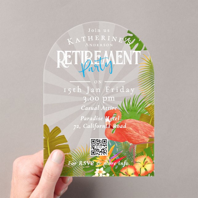 Flamingo Tropical Retirement Acrylic Invitations (Insitu (Handheld))
