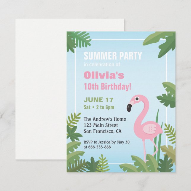 Flamingo Tropical Summer Birthday Party Invitation (Front/Back)