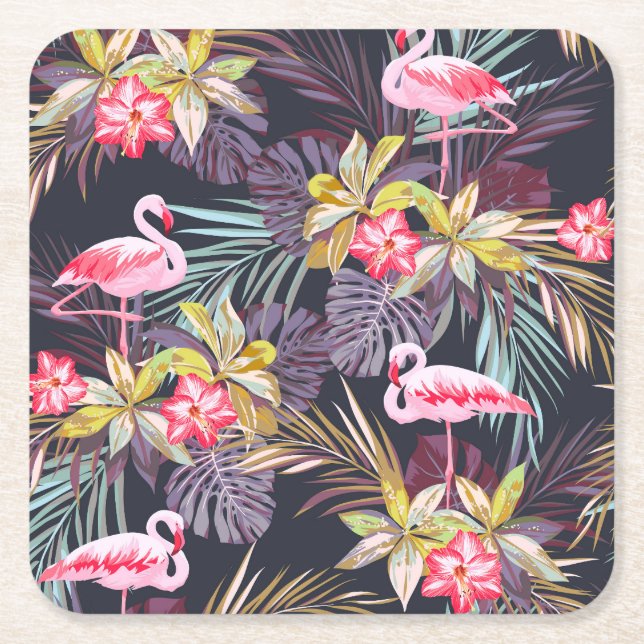 Flamingo Tropical: Summer Seamless Pattern Square Paper Coaster (Front)