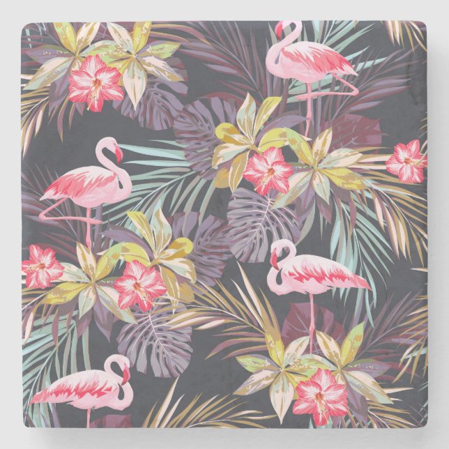 Flamingo Tropical: Summer Seamless Pattern Stone Coaster (Front)