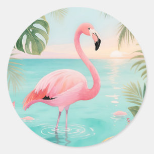 Flamingo Tropical Sunset Watercolor Classic Round Sticker
