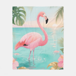 Flamingo Tropical Sunset Watercolor Fleece Blanket
