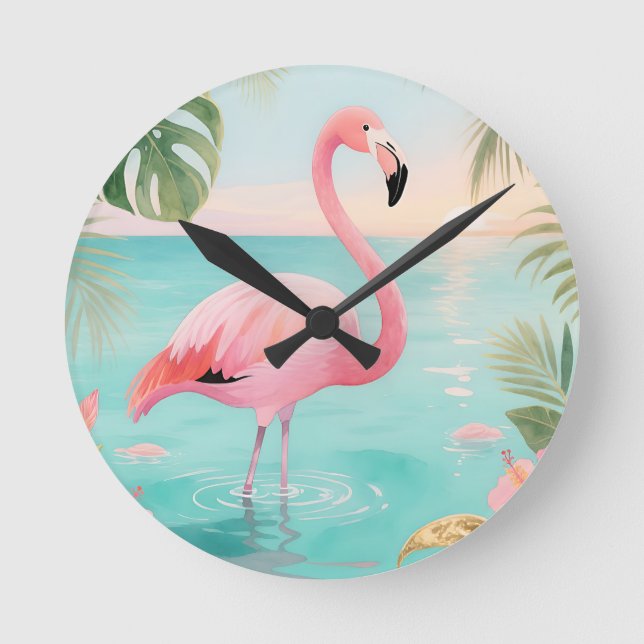 Flamingo Tropical Sunset Watercolor Round Clock (Front)