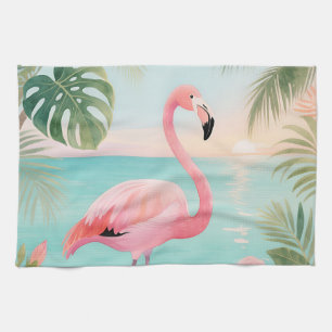 Flamingo Tropical Sunset Watercolor Tea Towel