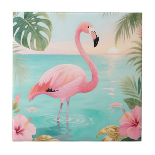 Flamingo Tropical Sunset Watercolor Tile