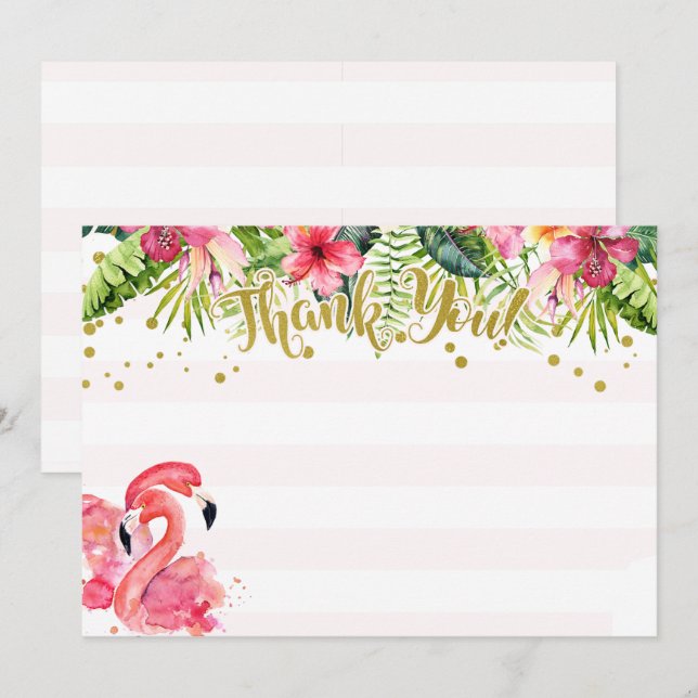 Flamingo Tropical Thank You Card Pink & Gold (Front/Back)