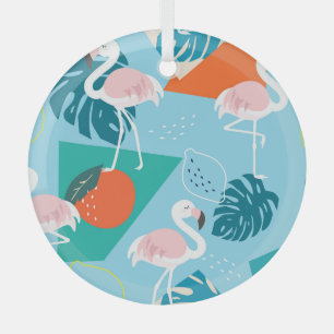 Flamingo Tropical, Trendy Vintage Pattern. Glass Tree Decoration