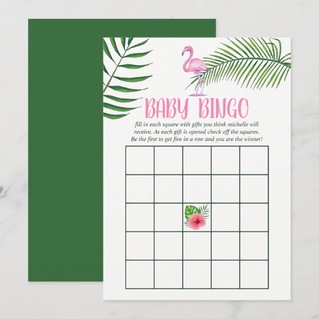 Flamingo Tropical Watercolor Baby Shower Bingo Invitation (Front/Back)