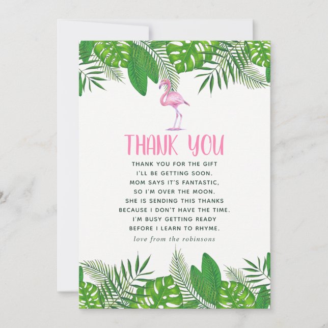 Flamingo Tropical Watercolor Baby Shower Thank You Card (Front)