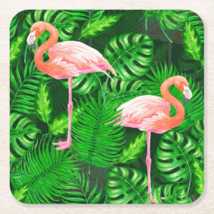 Flamingo tropical watercolor square paper coaster