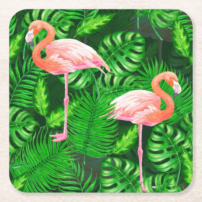 Flamingo tropical watercolor square paper coaster (Front)